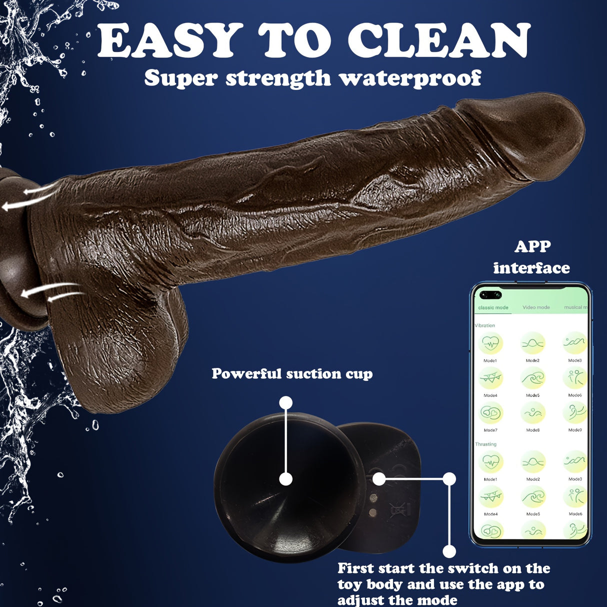 YIQU 21.84cm Thrusting Dildo Black App Remote Control Insertion Dildo