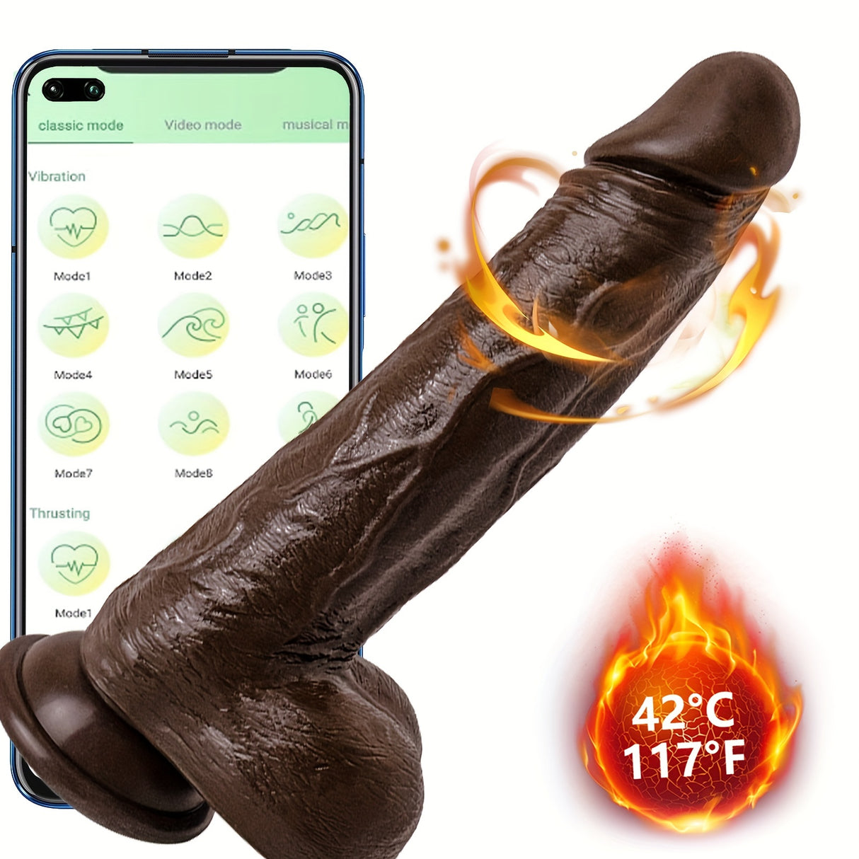 YIQU 21.84cm Thrusting Dildo Black App Remote Control Insertion Dildo