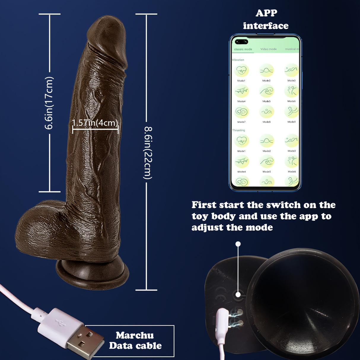 YIQU 21.84cm Thrusting Dildo Black App Remote Control Insertion Dildo