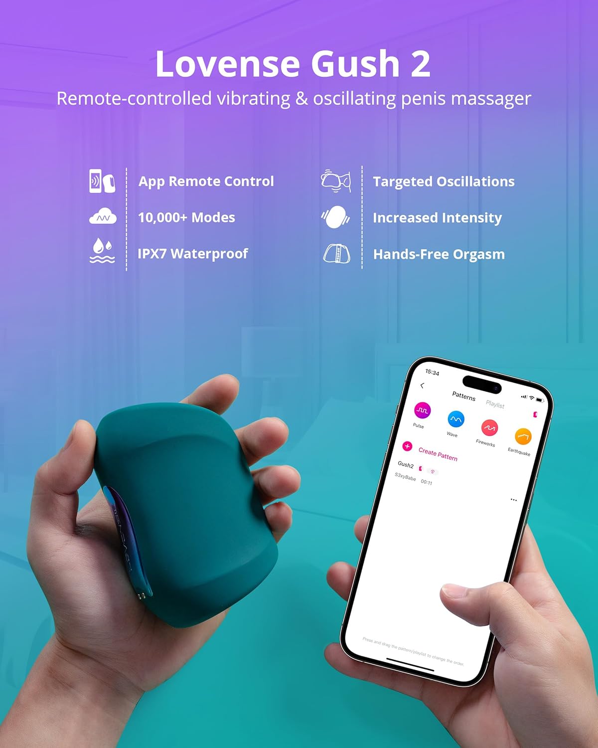 Lovense Gush 2 Hands free,remote-controlled vibrating oscillating penis massager