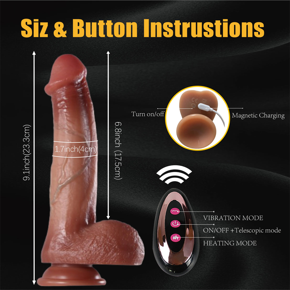 YIQU 21.84cm Realistic Brown 10 Telescopic Modes And 10 Vibratory Modes Penis