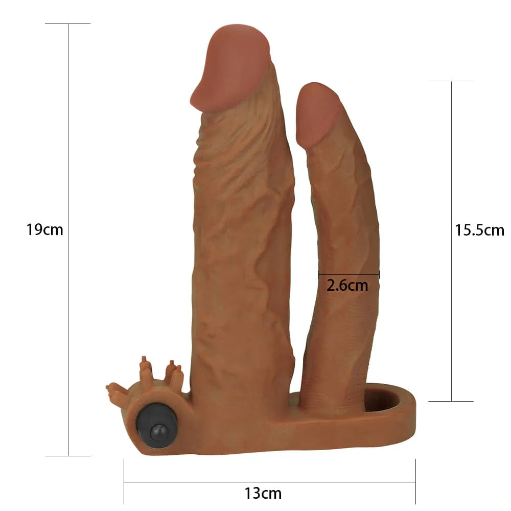 Add 2" Vibrating Double Penis Sleeve Anal Dildo Brown