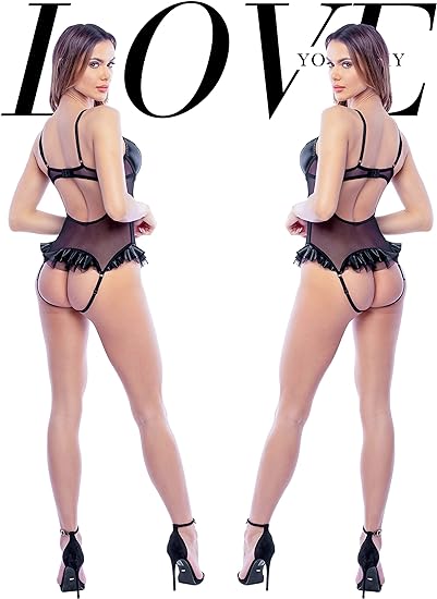 LOVE YOU SEXY Women Lace Faux Leather Teddy Crotchless Underwired Bodysuit Lingerie