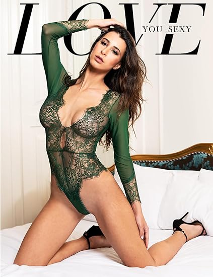 LOVE YOU SEXY Women Lace Lingerie,Long Sleeves Bodysuit,Deep V Bodysuit Lingerie,Sheer Mesh Teddy Lingerie