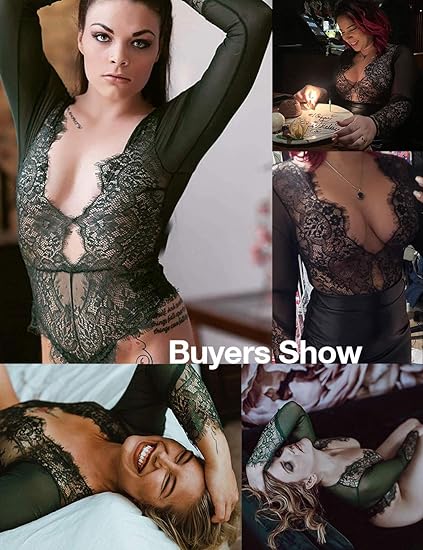 LOVE YOU SEXY Women Lace Lingerie,Long Sleeves Bodysuit,Deep V Bodysuit Lingerie,Sheer Mesh Teddy Lingerie