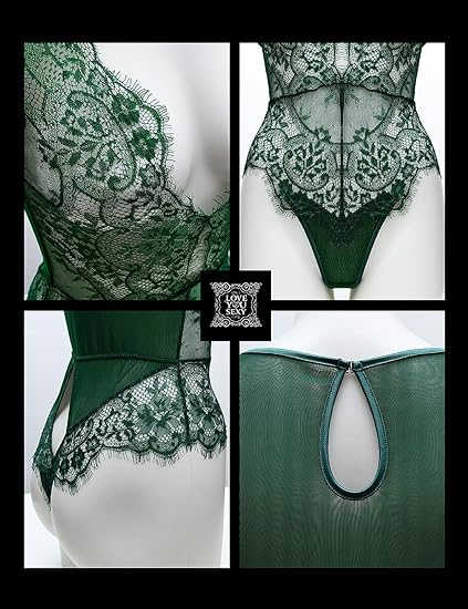 LOVE YOU SEXY Women Lace Lingerie,Long Sleeves Bodysuit,Deep V Bodysuit Lingerie,Sheer Mesh Teddy Lingerie