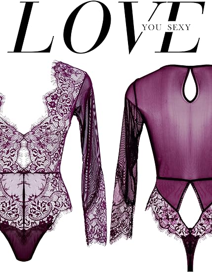 LOVE YOU SEXY Women Lace Lingerie,Long Sleeves Bodysuit,Deep V Bodysuit Lingerie,Sheer Mesh Teddy Lingerie