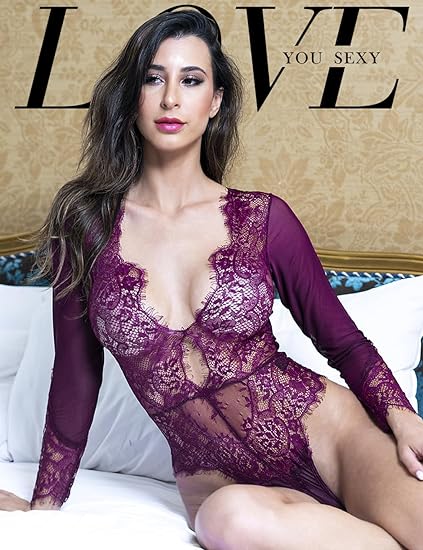 LOVE YOU SEXY Women Lace Lingerie,Long Sleeves Bodysuit,Deep V Bodysuit Lingerie,Sheer Mesh Teddy Lingerie