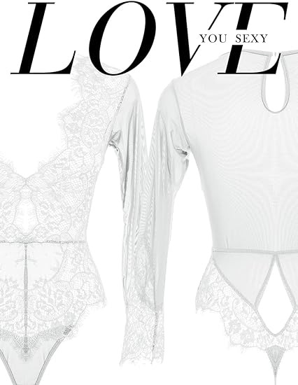 LOVE YOU SEXY Women Lace Lingerie,Long Sleeves Bodysuit,Deep V Bodysuit Lingerie,Sheer Mesh Teddy Lingerie