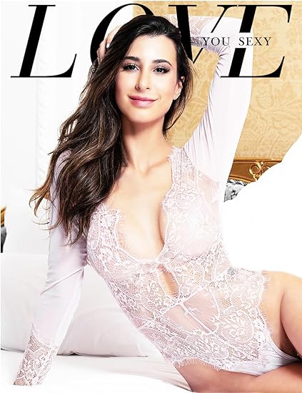 LOVE YOU SEXY Women Lace Lingerie,Long Sleeves Bodysuit,Deep V Bodysuit Lingerie,Sheer Mesh Teddy Lingerie