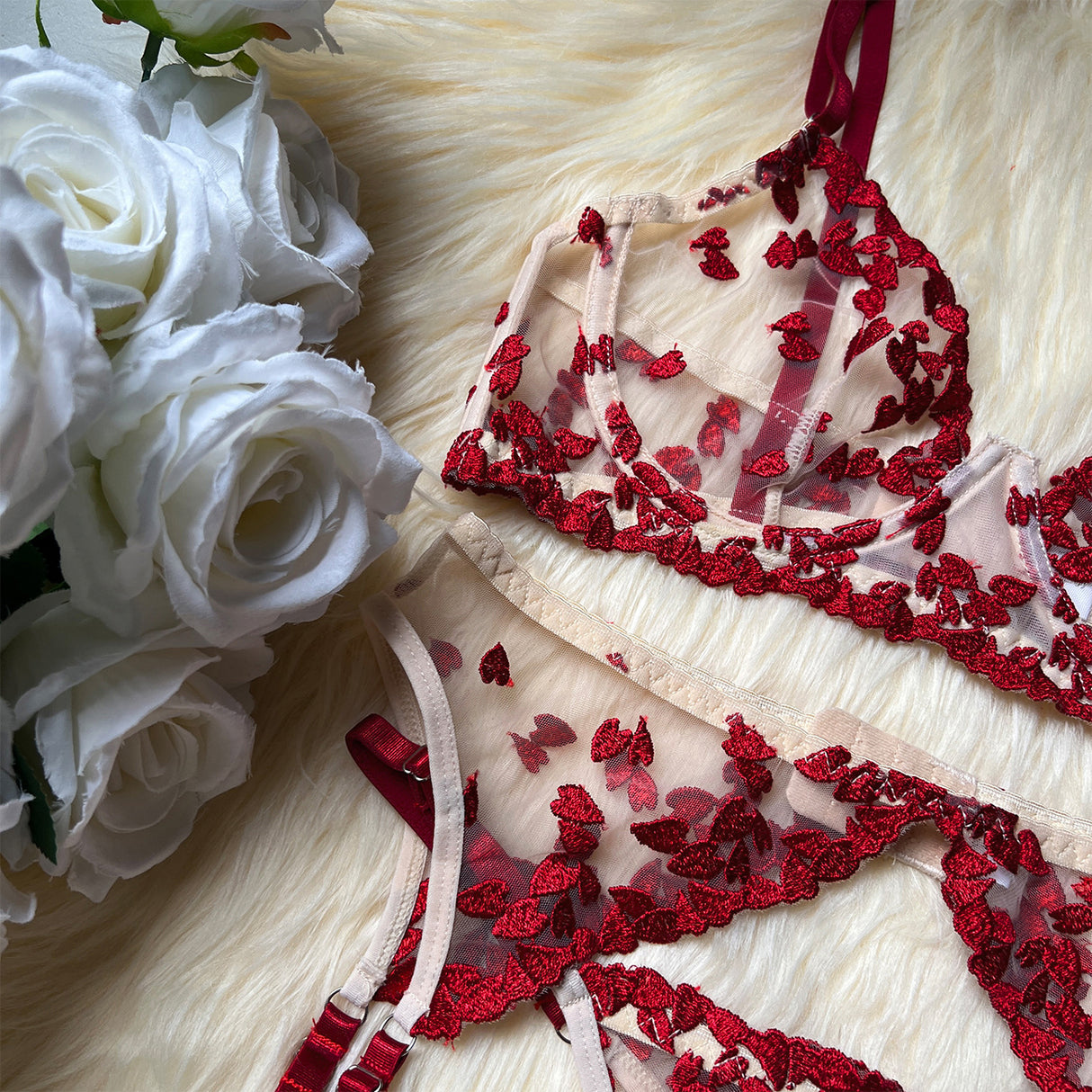 Lace Love Embroidered Lingerie Transparent Thong Garter Lingerie Set