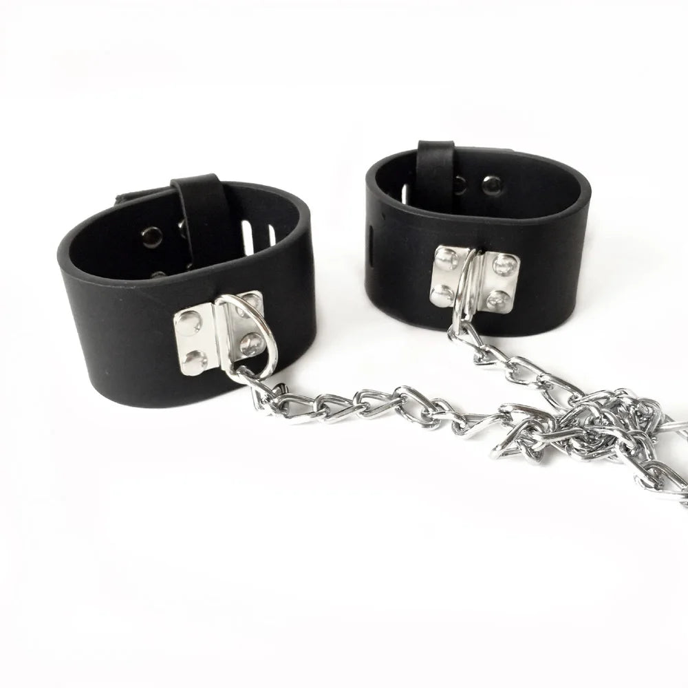 Black emperor Leather handcuffs ankle cuffs and neck collar restraints toys