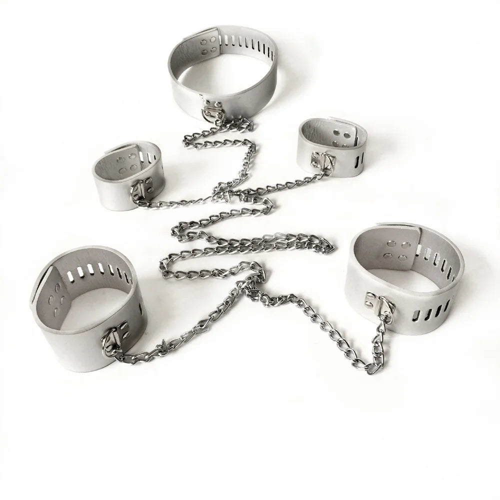 Black emperor Leather handcuffs ankle cuffs and neck collar restraints toys