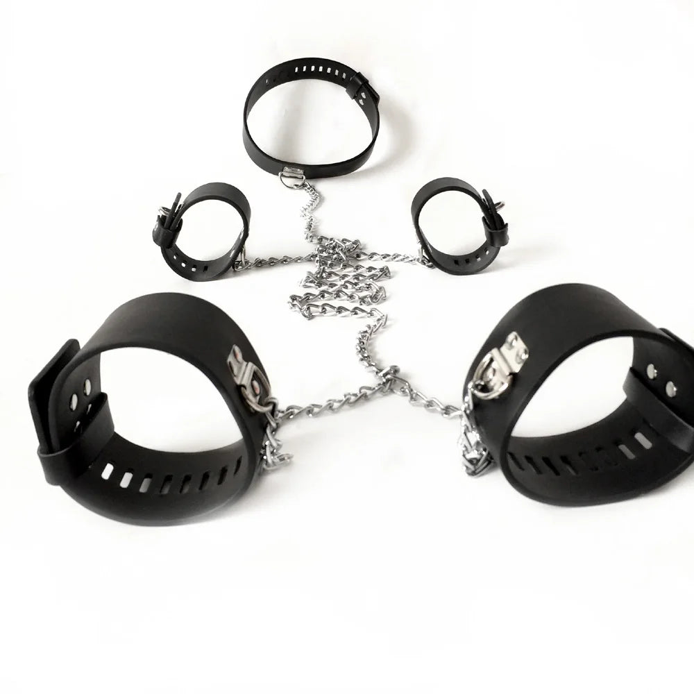 Black emperor Leather handcuffs ankle cuffs and neck collar restraints toys