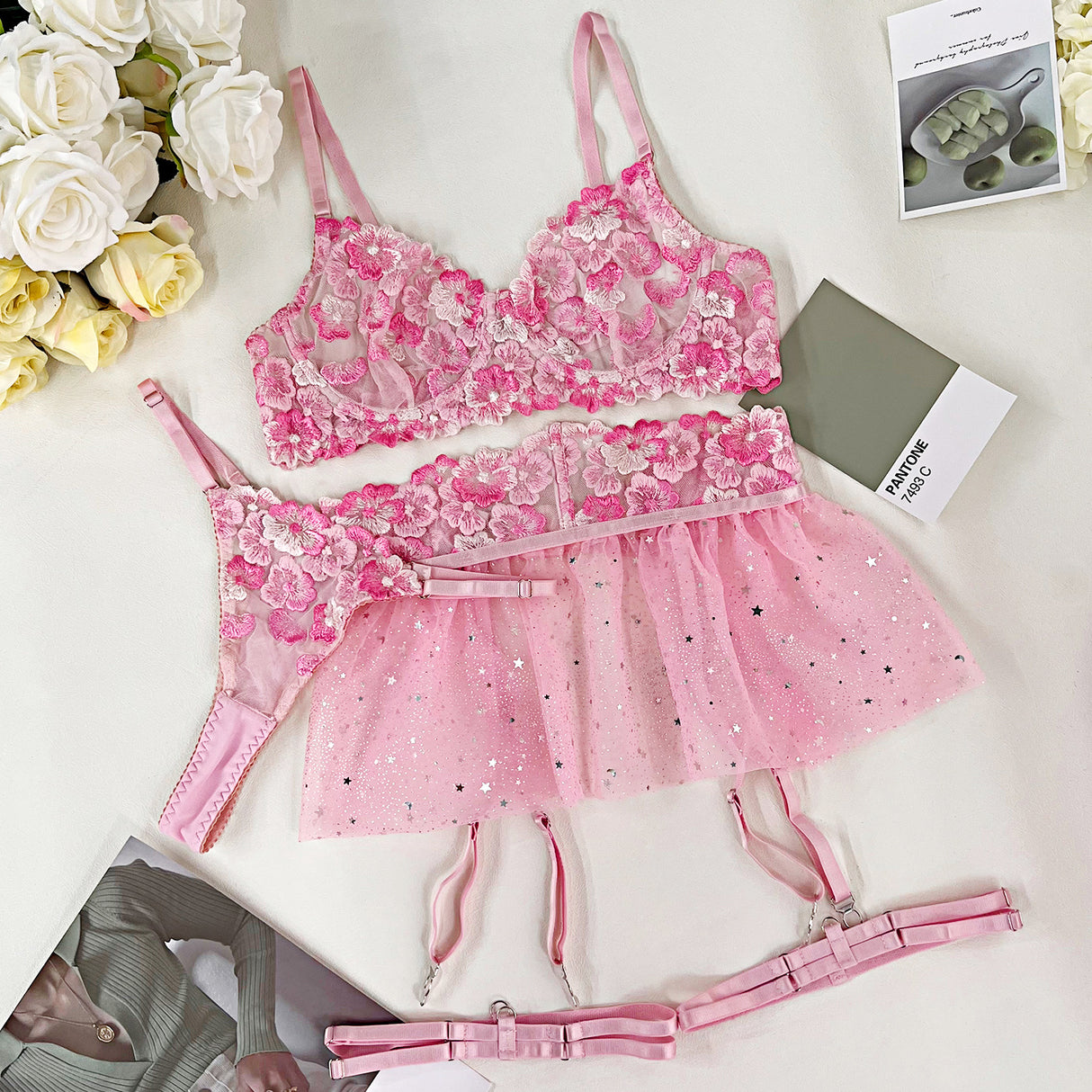 Ruffle Underwear Embroidery Floral Delicate Garter Mesh Babydoll Sets