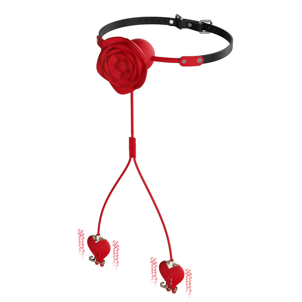 Rose Ball Gag with Leash & Vibrating Nipple Clamps