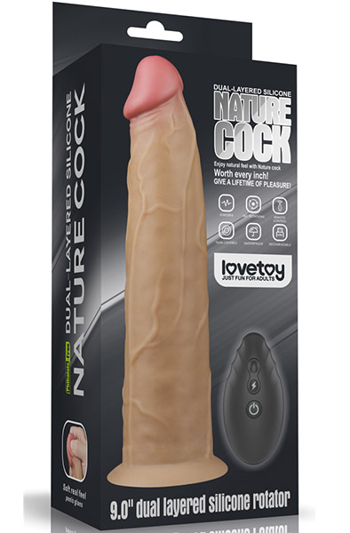 Lovetoy 9.0'' Dual layered platinum silicone rotator with remote control for woman and lesbian